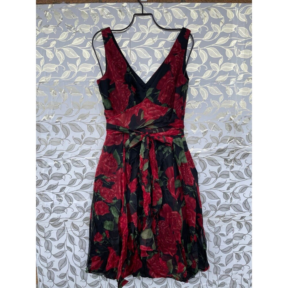 SHANI Silk Red Rose Dress Sz 6 Whimsigoth Romantic Floral Bubble Hem